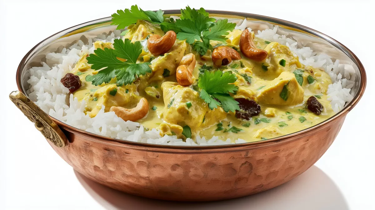 Veganes Soja Chicken Korma mit Reis in Kupferschüssel