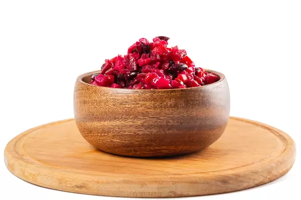 Vegetable salad vinaigrette with beetroot, potatoes, pickles and beans