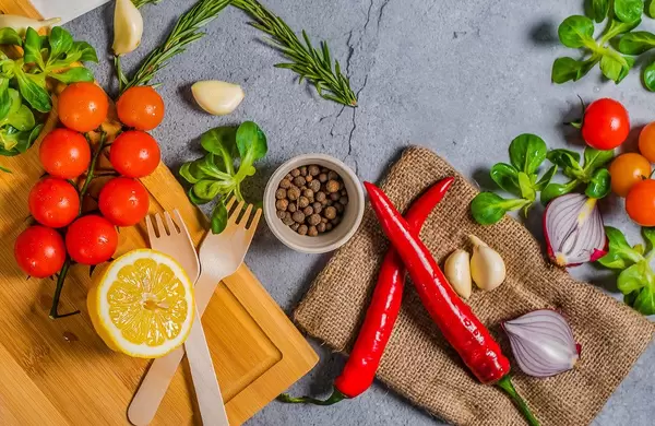 Vegetables, chilli, onions, tomatoes on background (Flip 2019)