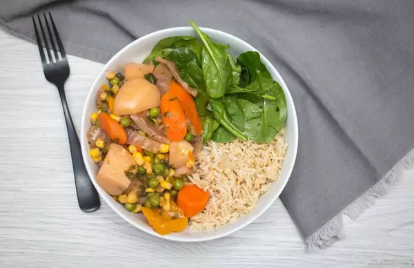 vegetables Curry with Rice and Spinach Top View