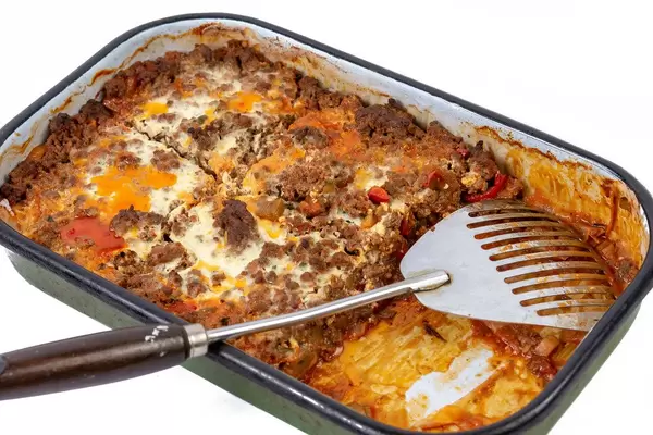 Vegetables Pie with Eggplant Leek Paprika and Minced Meat in the baking tray (Flip 2019)