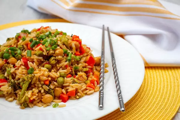 Vegetables Rices with Pepper, chickpea and pea Close- Up