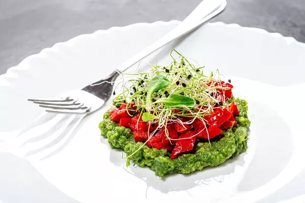 Vegetarian salad layers with fresh vegetables and onion seed sprouts on a white plate with fork (Flip 2019)