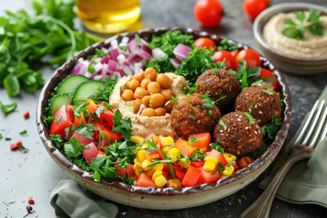 Vegetarische Gericht mit Falafel und Hummus