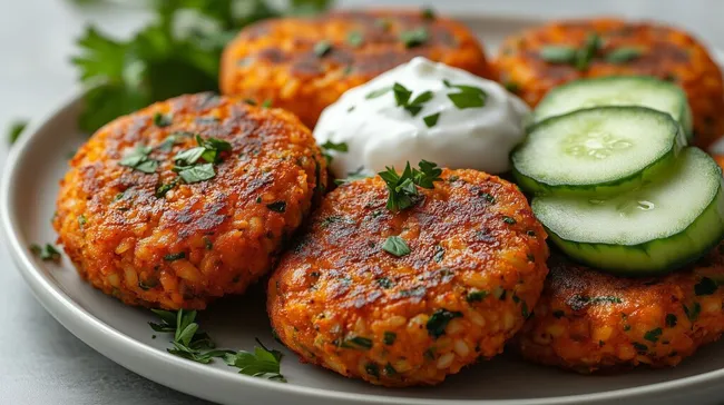 Vegetarische Linsen-Reis-Buletten mit Gurkenscheiben und Joghurt