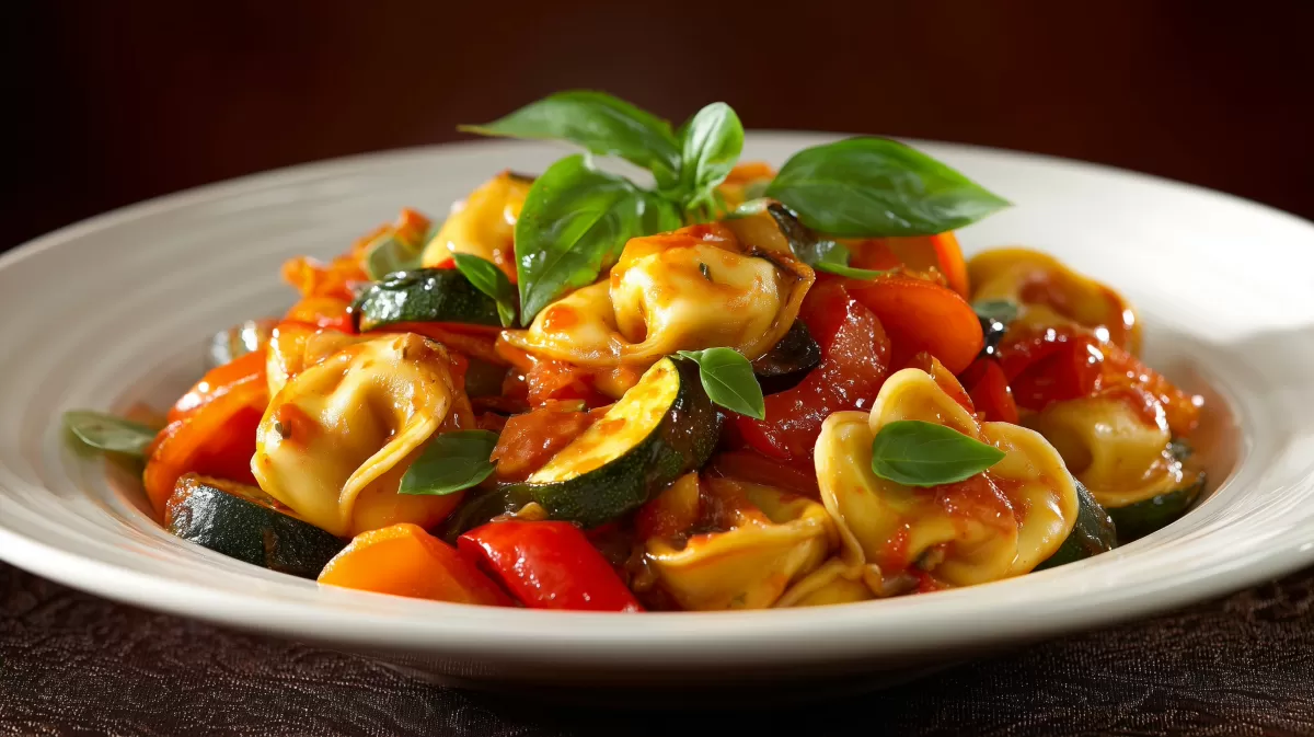 Vegetarische Tortellini Pfanne mit Gemüse und Basilikum