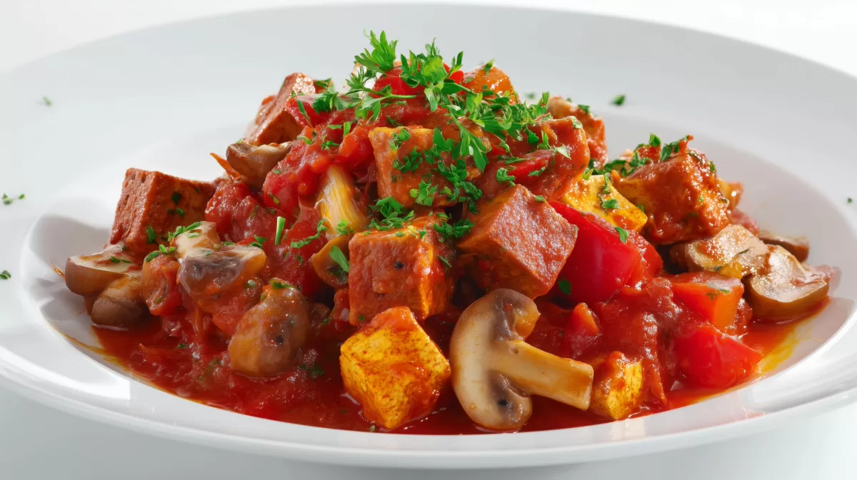 Vegetarisches Gulasch mit Tofu und Pilzen in Tomatensauce