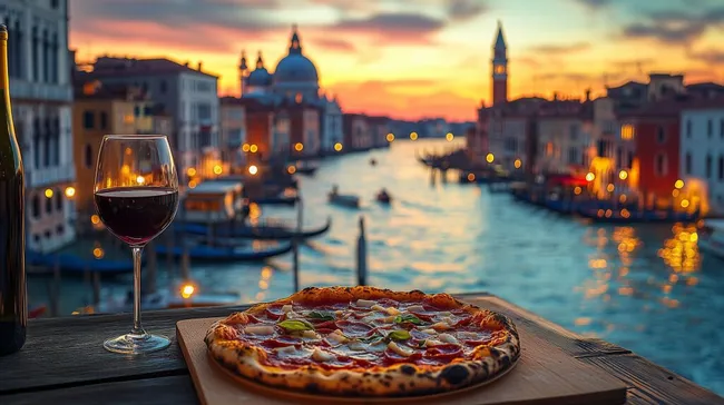 Venedigs romantische Dämmerung mit Wein und Pizza
