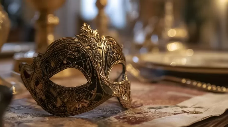 Venezianische Karnevalsmaske auf Tisch mit festlicher Dekoration