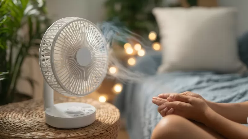 Ventilator mit Dampf in gemütlichem Schlafzimmer