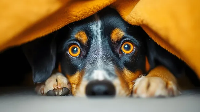 Verängsterter Hund im Versteck unter Decke