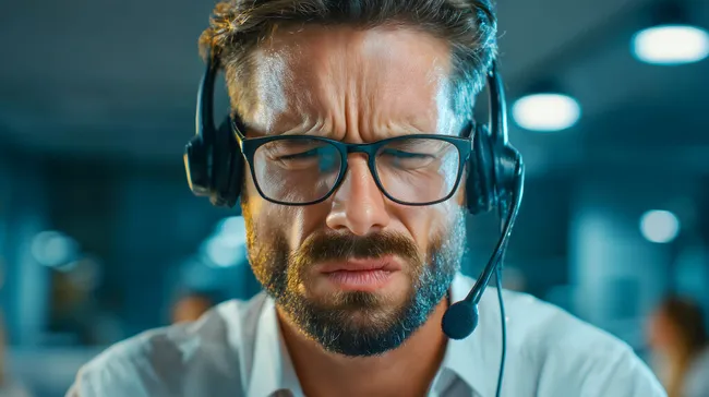 Verärgert wirkender Mann mit Headset im Callcenter