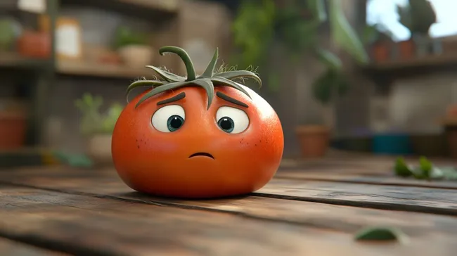 Verärgerte Tomatenfigur auf rustikalem Holztisch