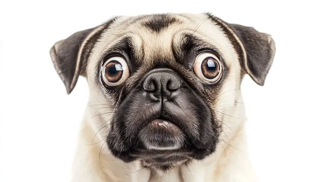 Verblüffter Mops mit großen Augen auf weißem Hintergrund