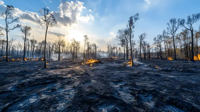 Verbrannte Wald-Landschaft nach Waldbrand bei Sonnenuntergang
