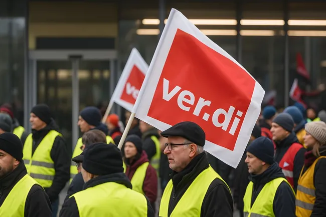 Verdi-Demonstration mit streikenden Arbeitnehmern in Warnwesten