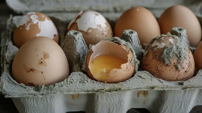 Verdorbene Eier in rustikalem Eierkarton