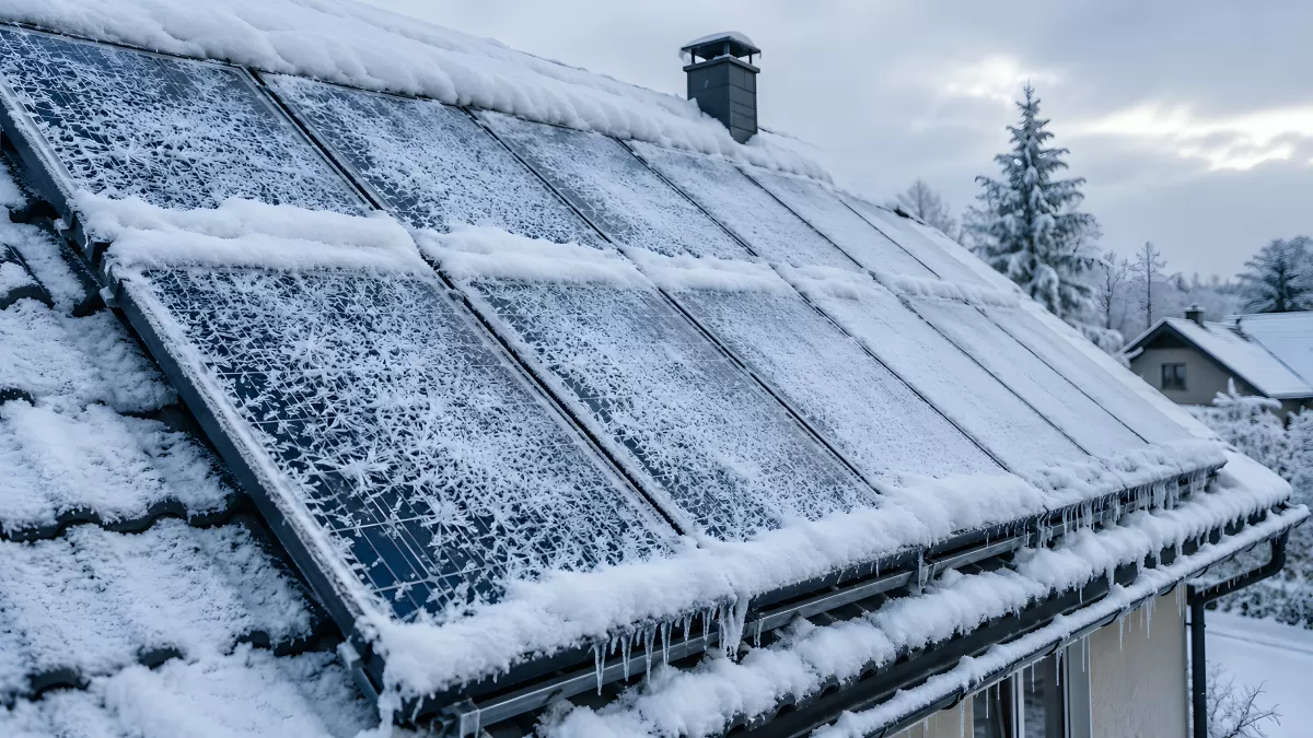 Vereiste Solarpanele auf Hausdach im Winter