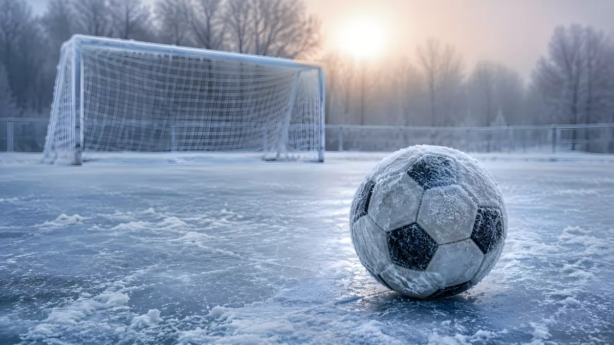 Vereister Fußball auf gefrorenem Spielfeld im Winter