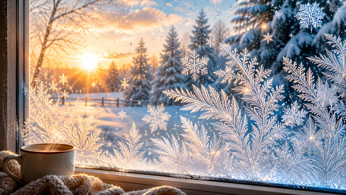 Vereistes Fenster mit Blick auf verschneite Winterlandschaft