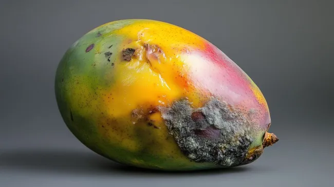 Verfallende gelb-rote Mango mit Schimmelbefall