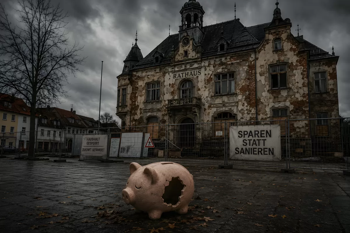Verfallenes Rathaus mit leerem Sparschwein und Protestschildern