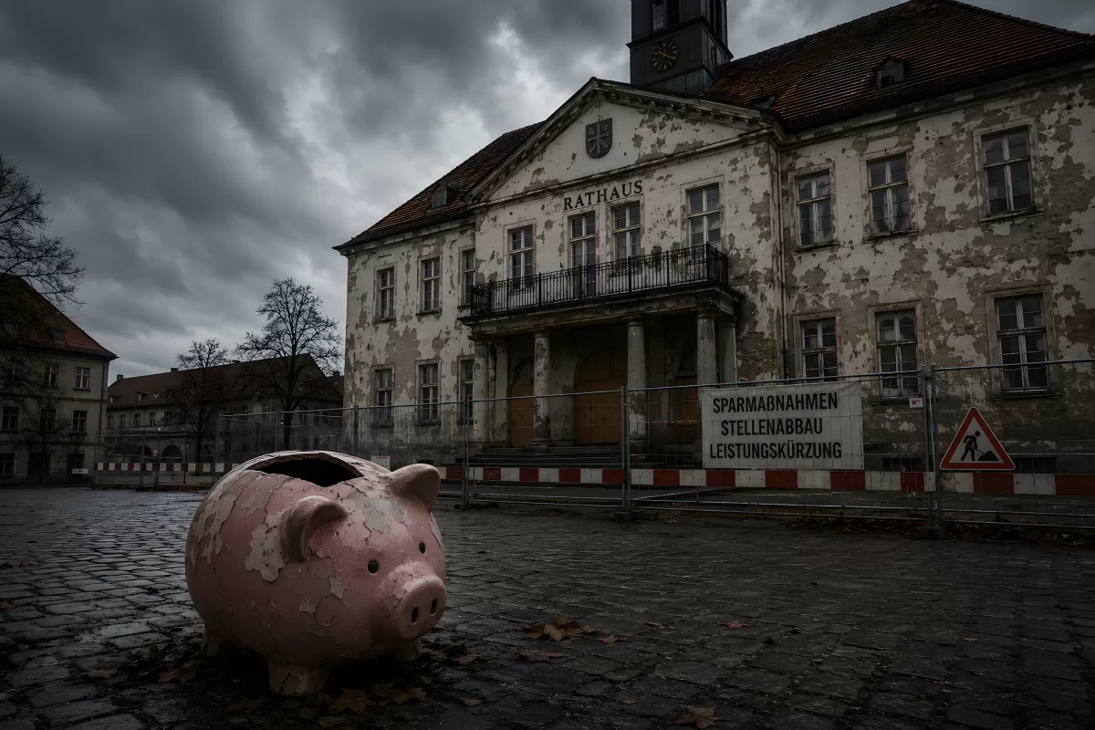 Verfallenes Rathaus mit zerbrochenem Sparschwein