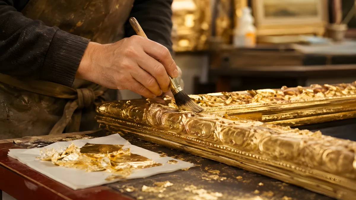 Vergolder restauriert goldenen Bilderrahmen mit Blattgold