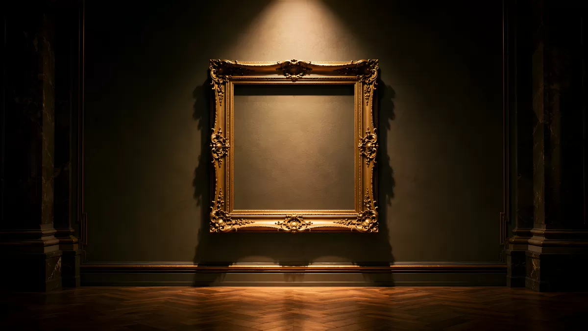 Vergoldeter Barockrahmen an dunkler Museumswand