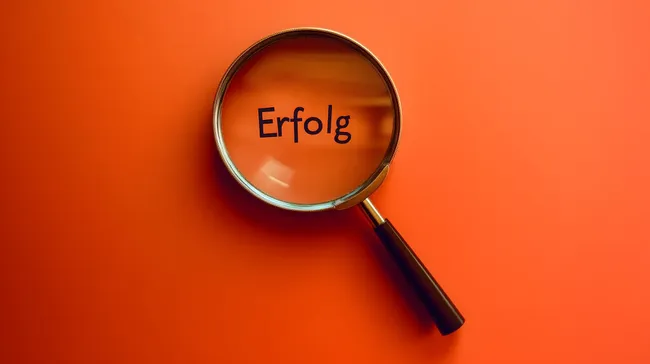 Vergrößerungsglas fokussiert auf das Wort 'Erfolg' auf orangem Hintergrund