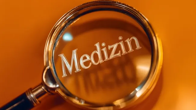 Vergrößerungsglas mit medizinischer Aufschrift auf orange