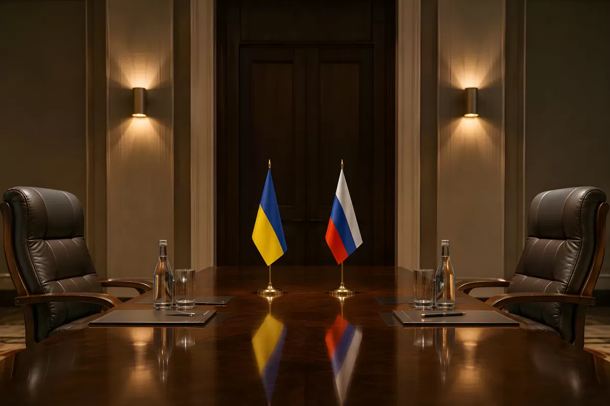 Verhandlungstisch mit ukrainischer und russischer Flagge