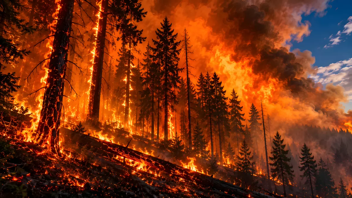 Verheerender Waldbrand mit mächtigen Flammen im Nadelwald