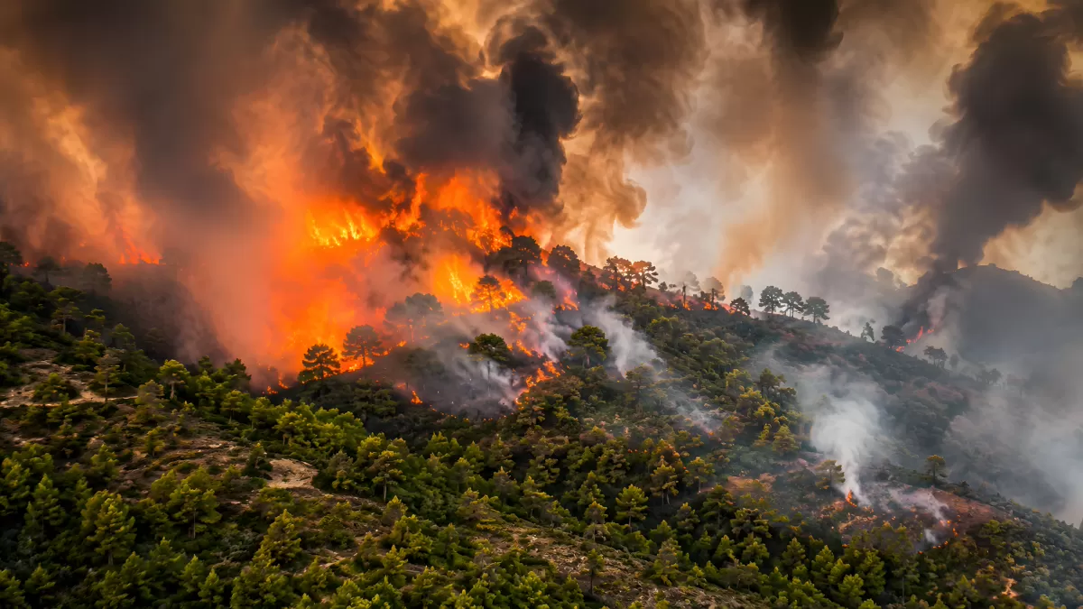 Verheerender Waldbrand wütet auf bewaldeten Berghängen