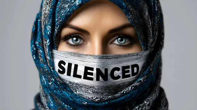 Verhüllte Frau mit aufgedruckter Botschaft als Protestsymbol