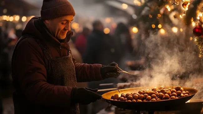 Verkäufer in winterlicher Weihnachtsmarkt-Szenerie