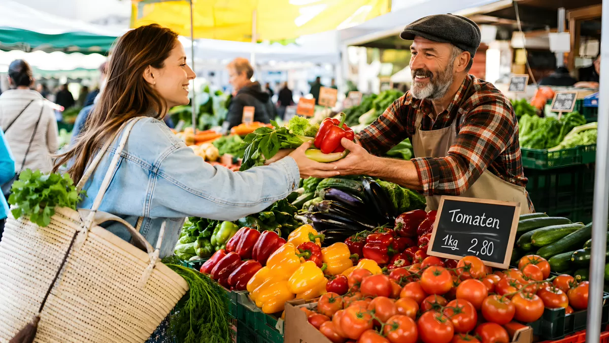 Verkäufer reicht Frau frisches Gemüse auf Wochenmarkt