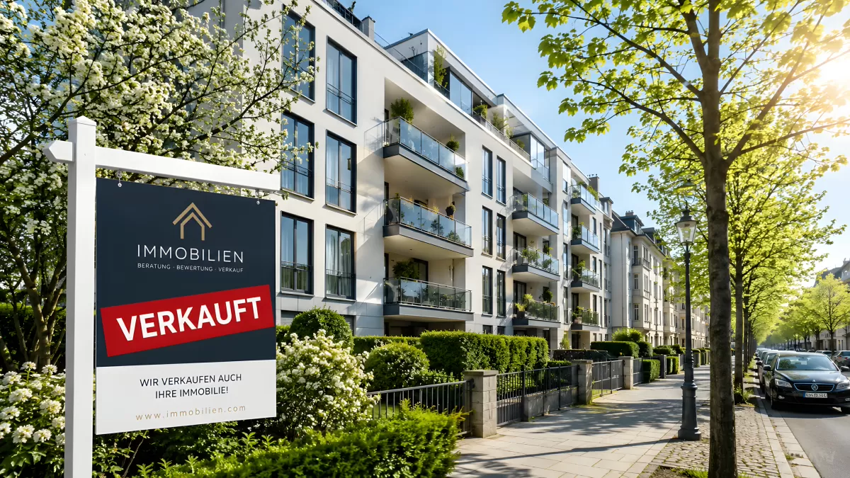 Verkauft-Schild vor modernem Mehrfamilienhaus im Frühling