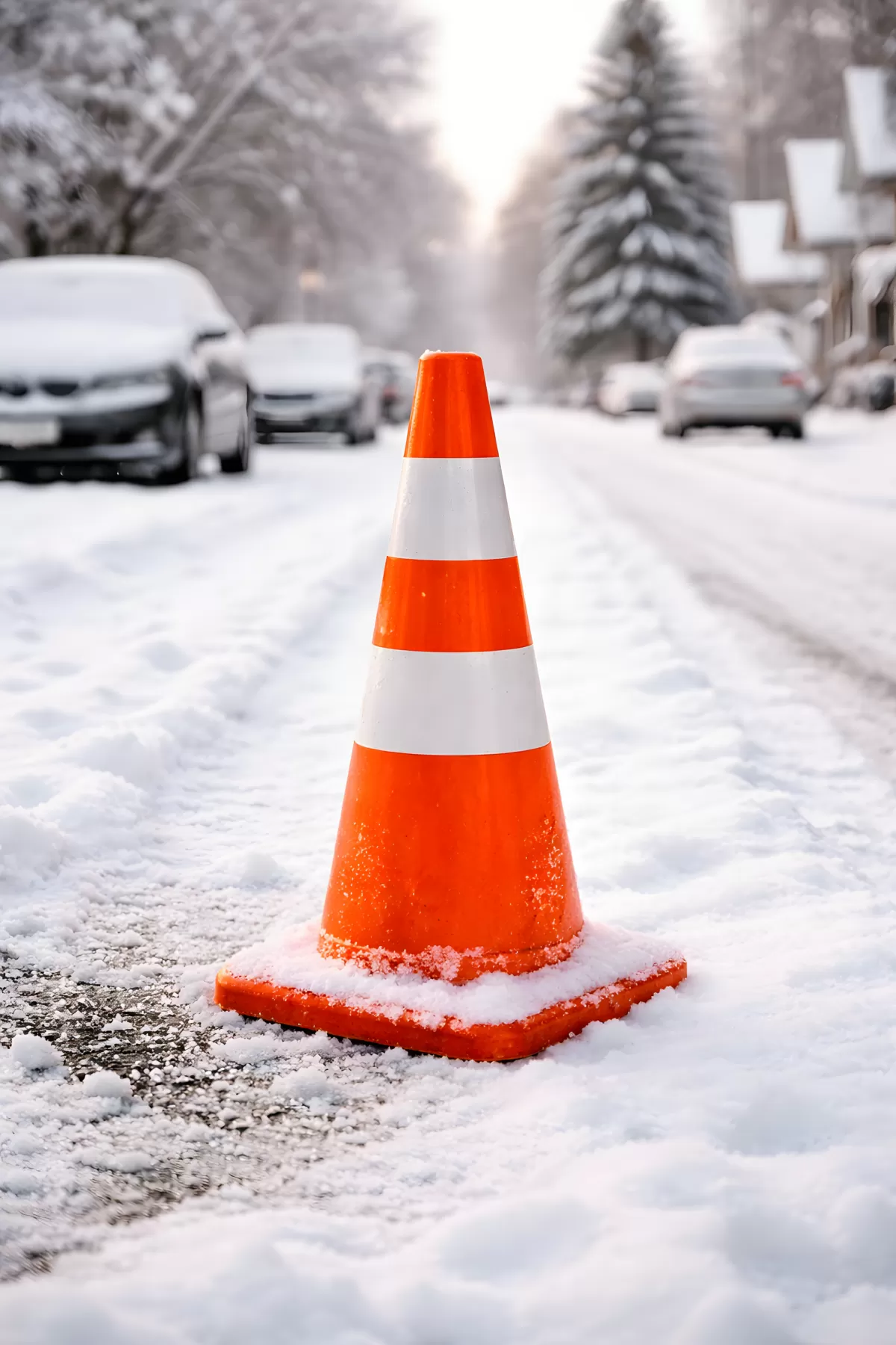 Verkehrskegel im verschneiten Winterlandschaft