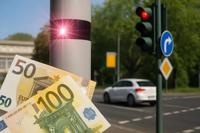 Verkehrsschild, Ampel und Geldscheine an Straße