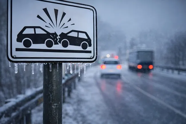 Verkehrsschild im Schneesturm - Winterstraße mit Unfallgefahr