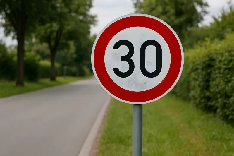 Verkehrsschild mit Tempolimit 30 auf deutscher Landstraße