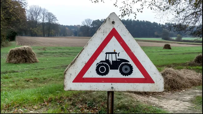 Verkehrsschild Traktor auf Feldweg in ländlicher Umgebung