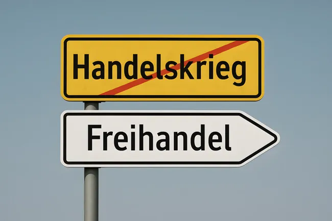 Verkehrsschild zeigt Handelskrieg vs. Freihandel als Wirtschaftsmetapher