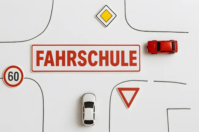 Verkehrszeichen und Spielzeugautos für Fahrschule