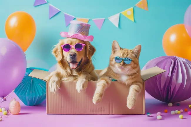 Verkleidete Haustiere feiern Partyzeit