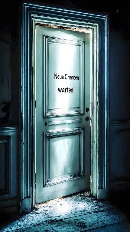 Verlassene Eingangstür mit Aufschrift 'Neue Chancen warten!'