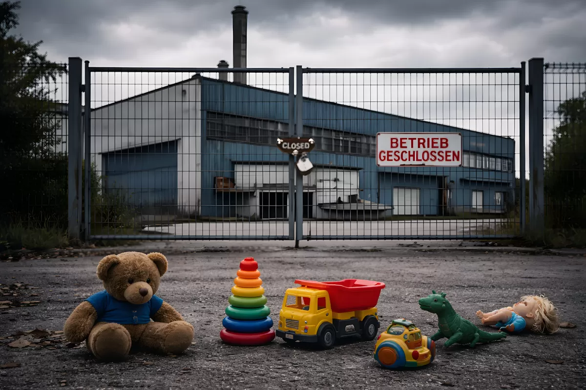 Verlassene Fabrik mit Kinderspielzeug vor dem Tor