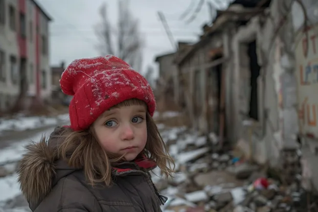 Verlassene Häuser, Schnee und ein einsames Kind in Kriegsruinen