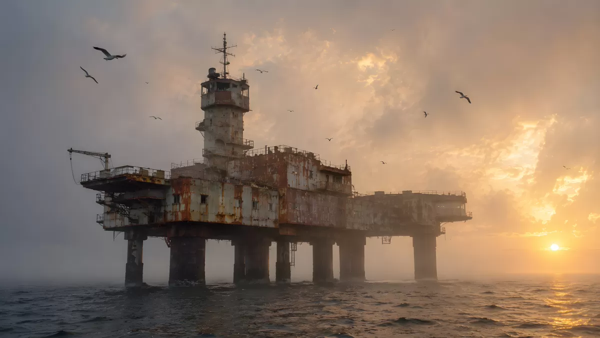 Verlassene Ölplattform im Meer bei Sonnenuntergang